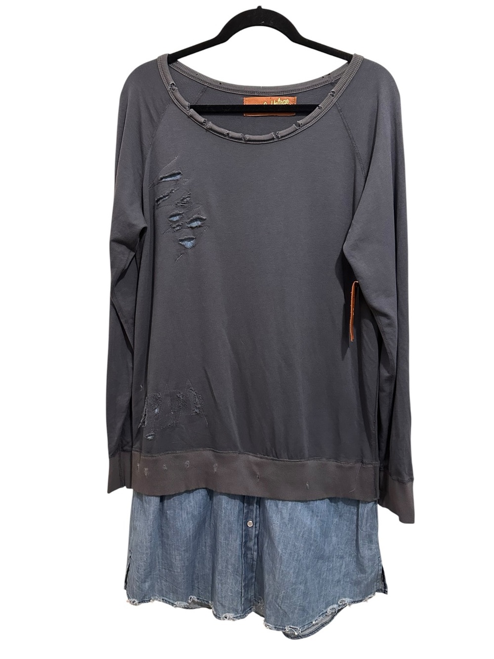 Long Sleeve Layered-Look Dress with Distressed Details - Charcoal